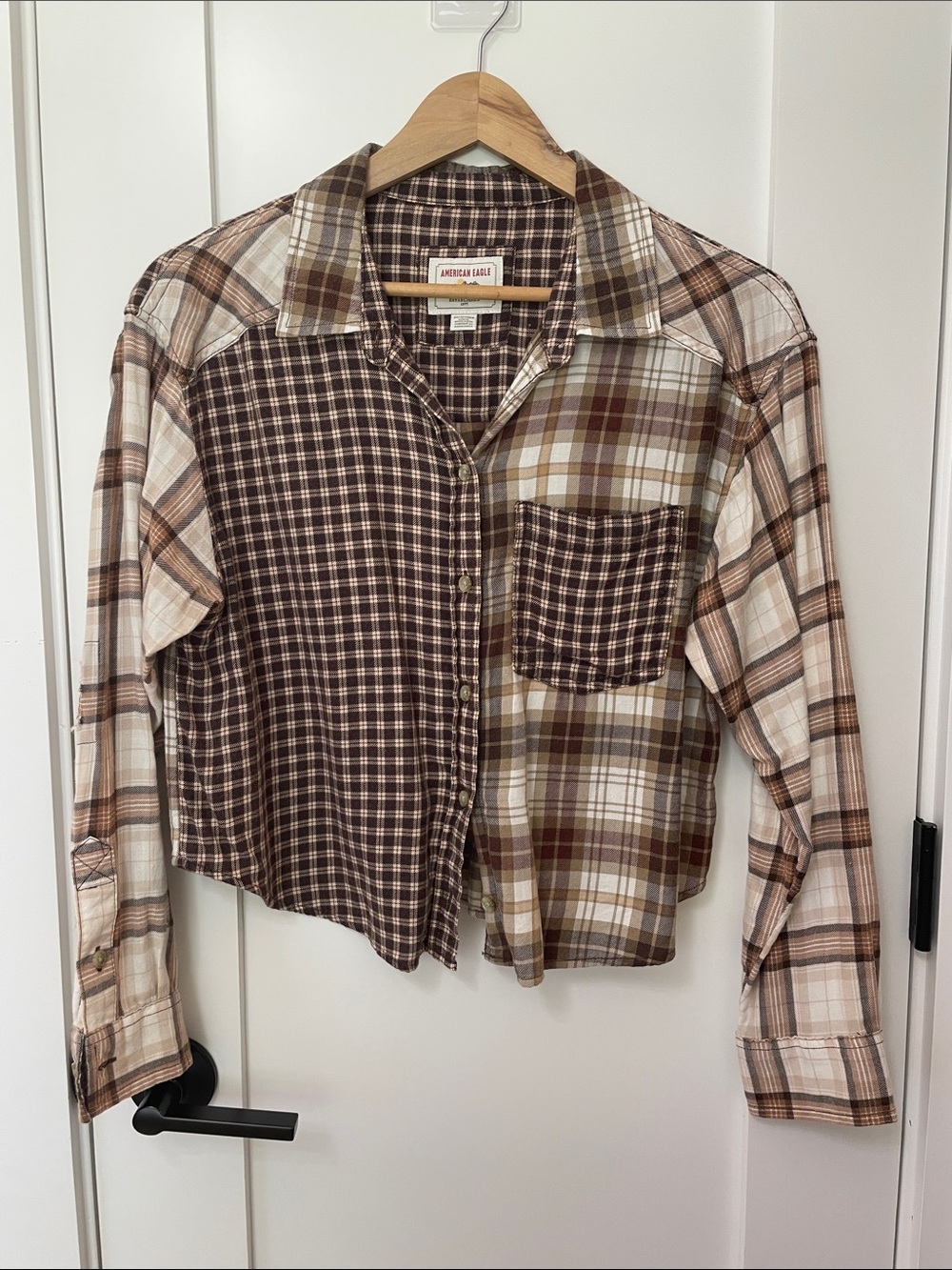 American Eagle Cropped Brown Patchwork Plaid Button-Up Shirt